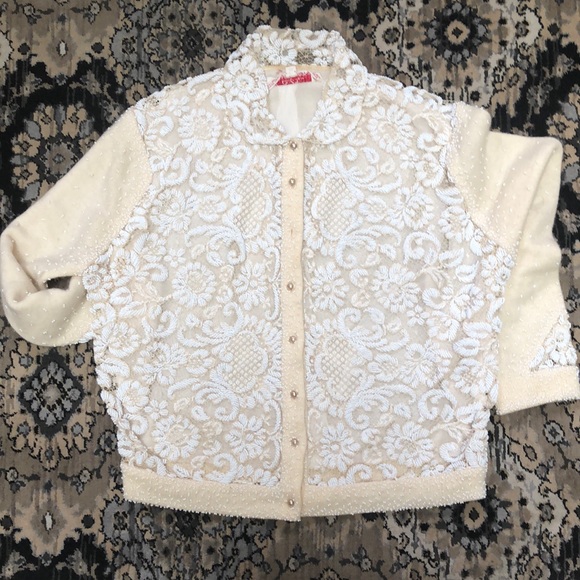 Mid Century Angora and Wool Boutique Sweater With Lace and Beaded Embellishment - Picture 1 of 7